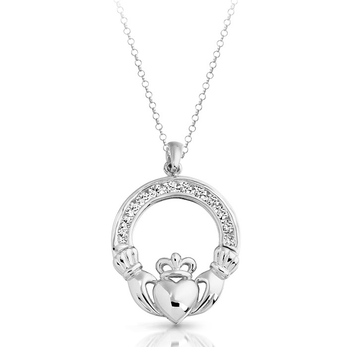 Silver Claddagh Pendant studded with Chanel set CZ Stone setting.