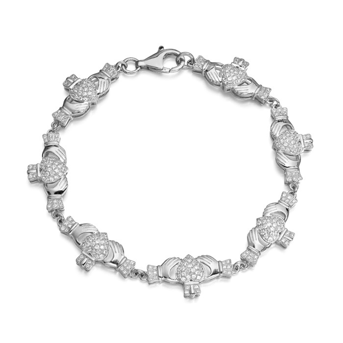 Silver Claddagh Bracelet made in Ireland and set with line of sparkling accent stones all over puffed Heart - SCLB39