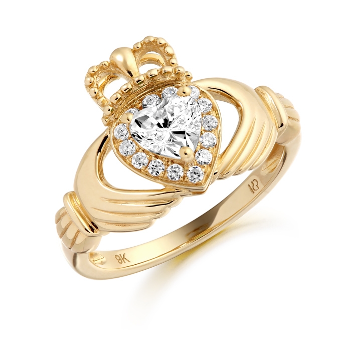 9ct Gold CZ Claddagh Engagement Ring Studded with CZ and with Milgrain detail - CL28