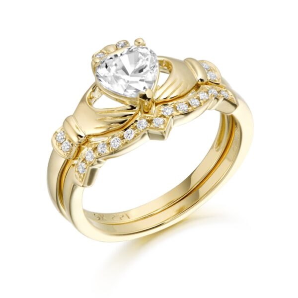 9ct Gold CZ Claddagh Engagement Ring set with Matching Wedding Ring - CL34