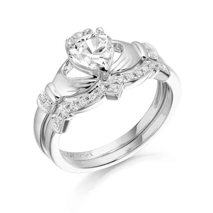 9ct White Gold CZ Claddagh Engagement Ring set with Matching Wedding Ring - CL34W