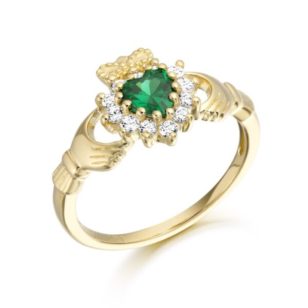 9ct Gold Claddagh Ring with CZ and Emerald - CL36