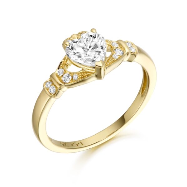 9ct Gold Ladies CZ Claddagh Ring with Micro Pave Stone Setting. CL37