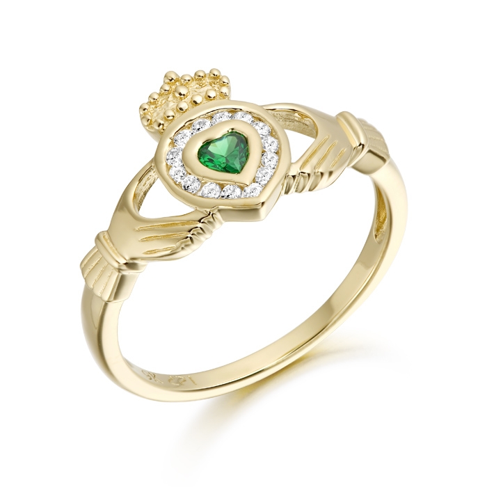 9ct Gold CZ Emerald Claddagh Ring in Bezel Stone Setting. - CL38