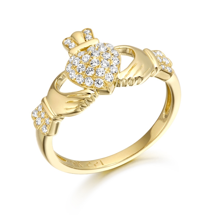 9ct Gold CZ Claddagh Ring with Puffed Heart - CL39
