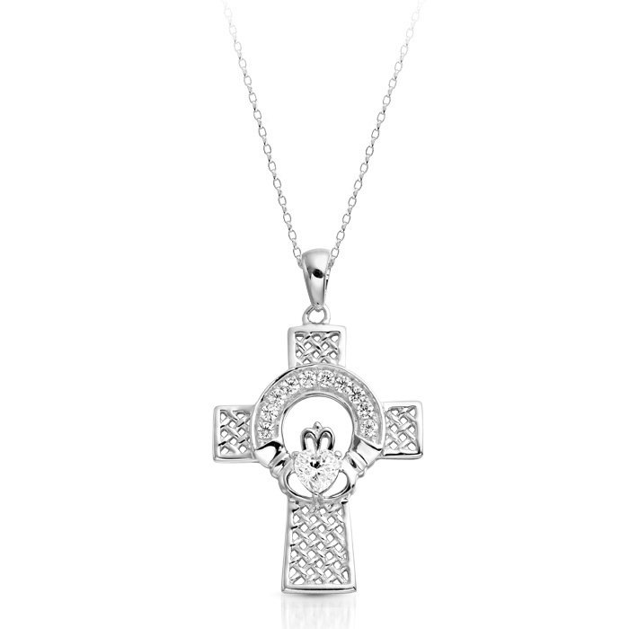 9ct White Gold Claddagh Cross Pendant - C126