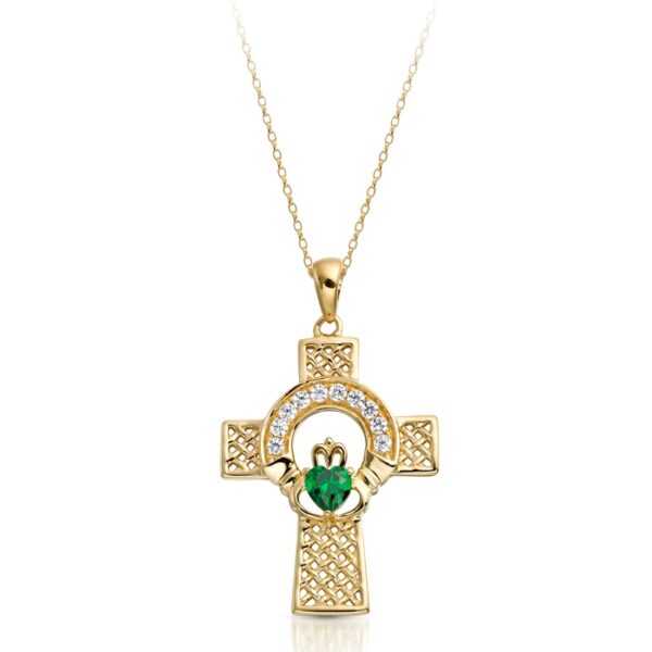 9ct Gold CZ Emerald Claddagh Cross combined with Celtic Knot Design C126G
