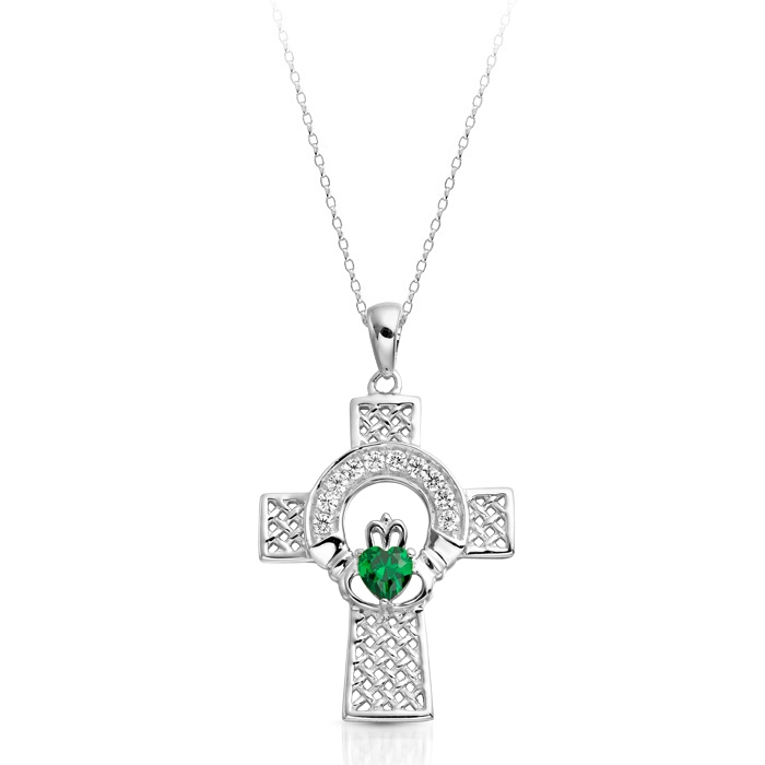 9ct White Gold Claddagh Cross studded with CZ Emerald - C126WG