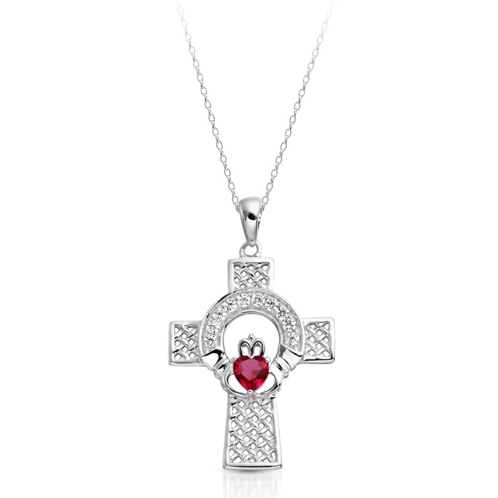 9ct White Gold Ruby Claddagh Cross Pendant - C126WR