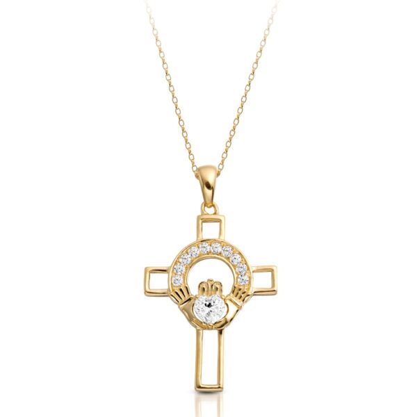 9ct Gold Claddagh Cross Pendant Studded with CZ in Micro Pave stone setting -C125