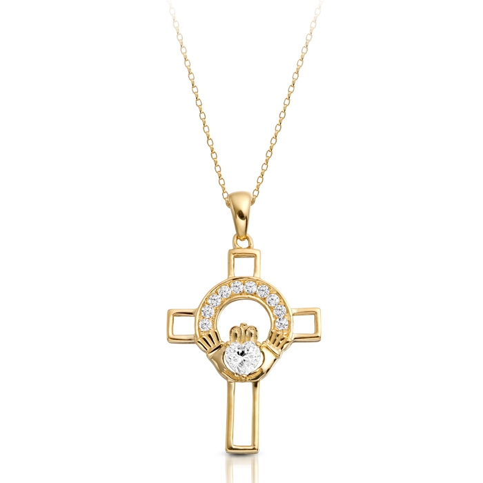 9ct Gold Claddagh Cross Pendant Studded with CZ in Micro Pave stone setting -C125