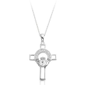 9ct White Gold Claddagh cross Pendant Studded with Cubic Zirconia is designed to be an elegant expression of faith, Love, Friendship and Loyalty - C125W