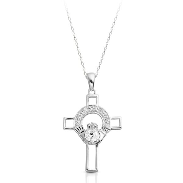 9ct White Gold Claddagh cross Pendant Studded with Cubic Zirconia is designed to be an elegant expression of faith, Love, Friendship and Loyalty - C125W