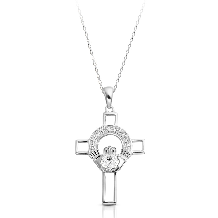 9ct White Gold Claddagh cross Pendant Studded with Cubic Zirconia is designed to be an elegant expression of faith, Love, Friendship and Loyalty - C125W