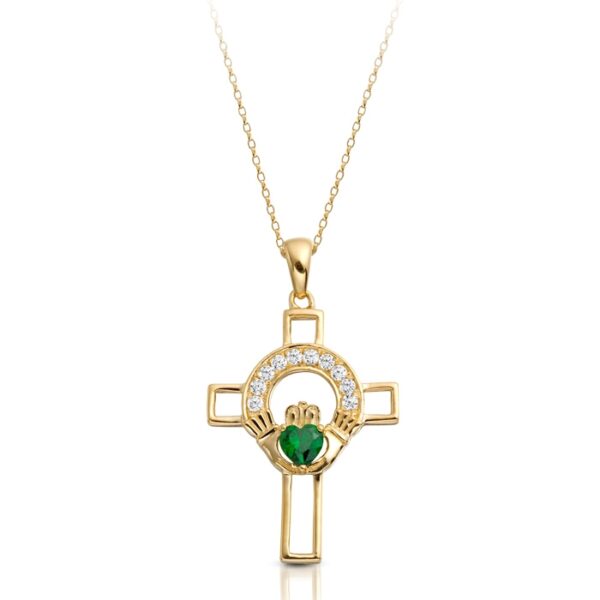 9ct Gold Claddagh Cross Pendant studded with Cubiz Zirconia and Emerald Heart - C125G