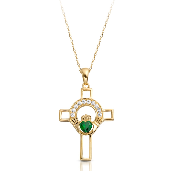 9ct Gold Claddagh Cross Pendant studded with Cubiz Zirconia and Emerald Heart - C125G