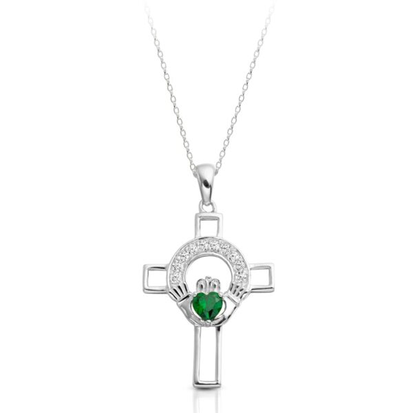 9ct White Gold Claddagh Cross Studded with CZ and CZ Emerald - C125WG