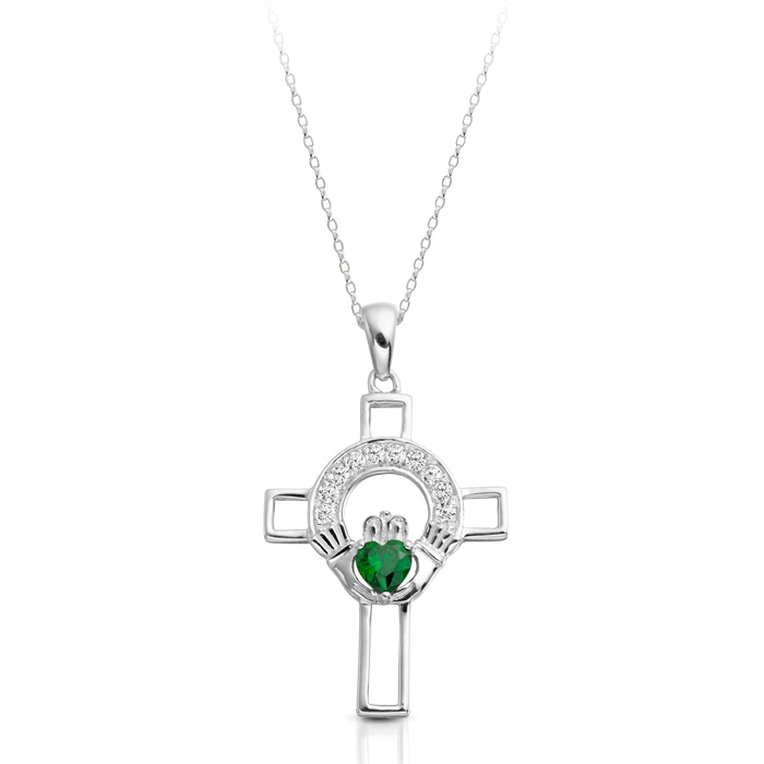 9ct White Gold Claddagh Cross Studded with CZ and CZ Emerald - C125WG