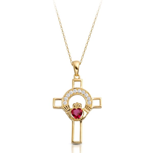 9ct Gold Claddagh Cross Studded with CZ Micro Pave stone setting and Ruby Heart - C125R