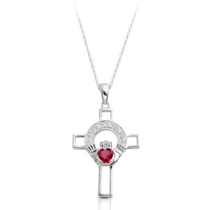 9K White Gold CZ Claddagh Cross with CZ Ruby - C125WR