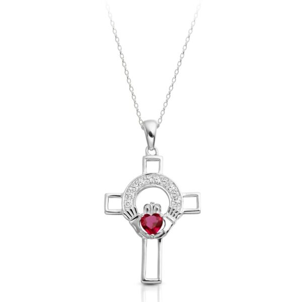 9K White Gold CZ Claddagh Cross with CZ Ruby - C125WR