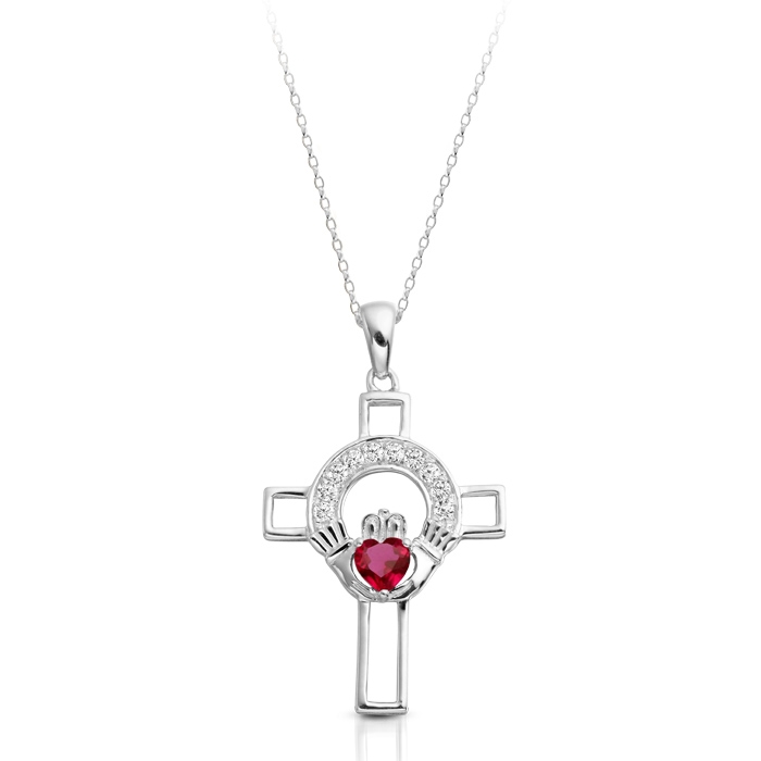 9K White Gold CZ Claddagh Cross with CZ Ruby - C125WR