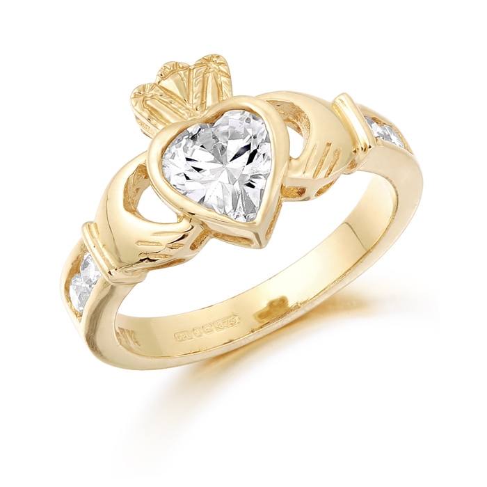 Gold Claddagh Ring studded with Cubic Zirconia. Free Delivery.