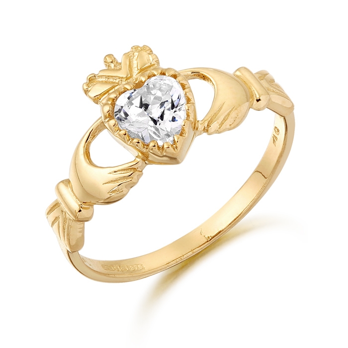 9ct Gold Claddagh Ring set with CZ - D35