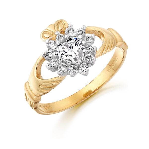 9ct Gold Ladies CZ Claddagh Ring - D36