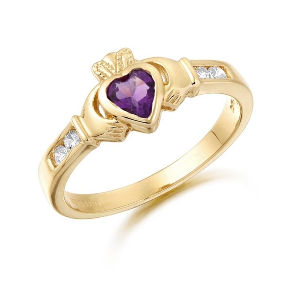 9ct Gold Claddagh Ring studded with Amethyst and CZ makes and ideal Irish Gift - CL100A