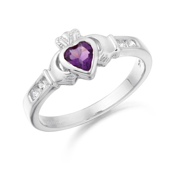 9ct White Gold Claddagh Ring studded with Amethyst and CZ makes and ideal Irish Gift - CL100AW