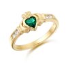 9ct Gold Claddagh Ring studded with Emerald and precision set Cubic Zirconia settings on each side of the shoulder - CL100G