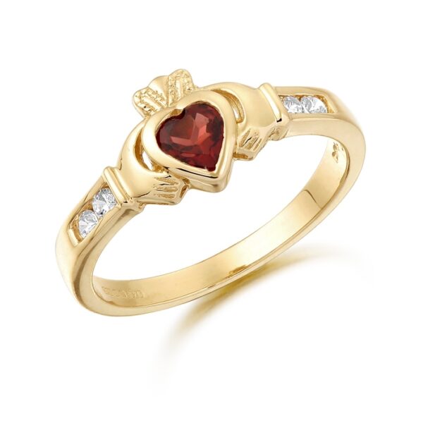 9ct Gold Claddagh Ring studded with CZ in Precision set stone setting and Basel set Garnet stone in the heart taking a centre stage - CL100GAR