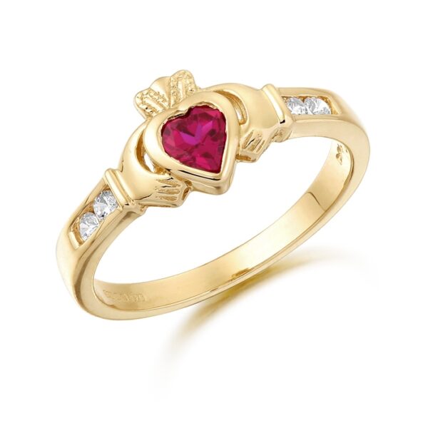 9ct Gold Claddagh Ring embellished with CZ and Ruby Stone - CL100R