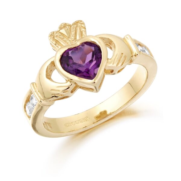 9ct Gold Claddagh Ring studded with Amethyst and precision set Cubic Zirconia settings on each side of the shoulder - CL102A