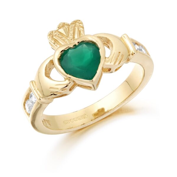 9ct Gold Claddagh Ring studded with Emerald and precision set Cubic Zirconia settings on each side of the shoulder - CL102G