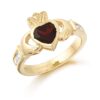 9ct Gold Claddagh Ring studded with Garnet and precision set Cubic Zirconia settings on each side of the shoulder - CL102GAR