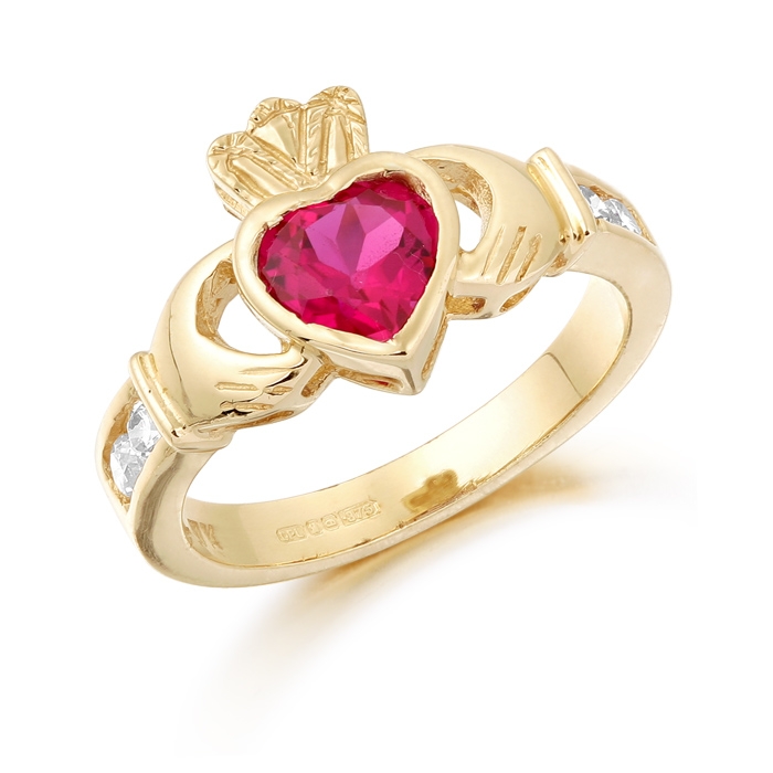 9ct Gold Claddagh Ring studded with Ruby and precision set Cubic Zirconia settings on each side of the shoulder - CL102R