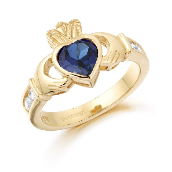 9ct Gold Claddagh Ring studded with Sapphire and precision set Cubic Zirconia settings on each side of the shoulder - CL102S