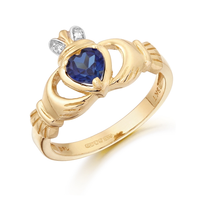 9ct Gold CZ Sapphire Claddagh Ring - CL25S