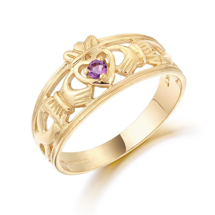 9ct Gold Claddagh Ring studded with CZ Amethyst and Celtic Knot Design on the shoulder - CL26A
