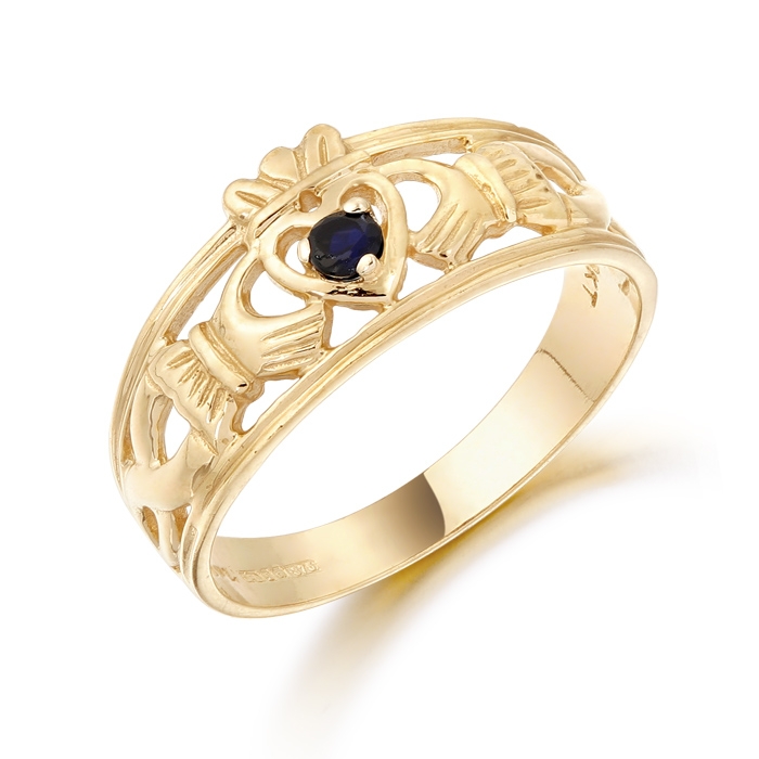 9ct Gold CZ Sapphire Claddagh Ring with Celtic Knot Design - CL26S