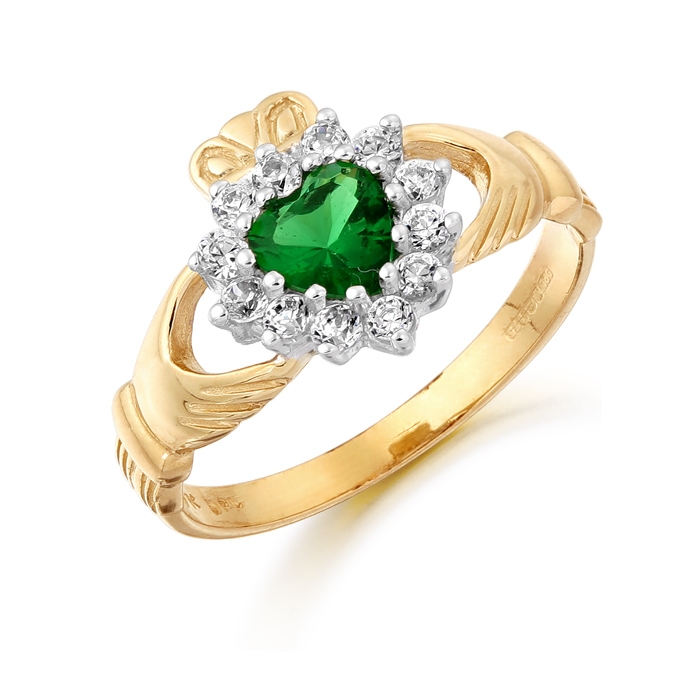 9ct Gold CZ Emerald Ladies Claddagh Ring - D36G