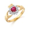 9ct Gold Ruby Claddagh Ring with CZ Halo - D36R