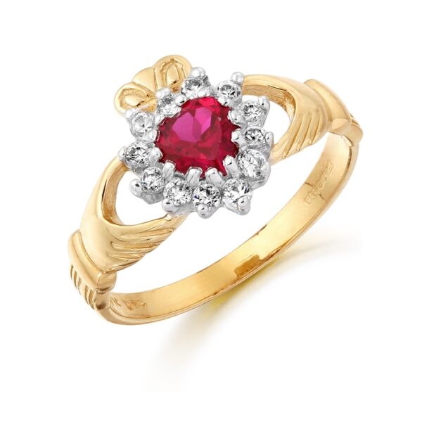 9ct Gold Ruby Claddagh Ring with CZ Halo - D36R