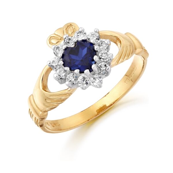 9ct Gold Sapphire CZ Ladies Claddagh Ring - D36S