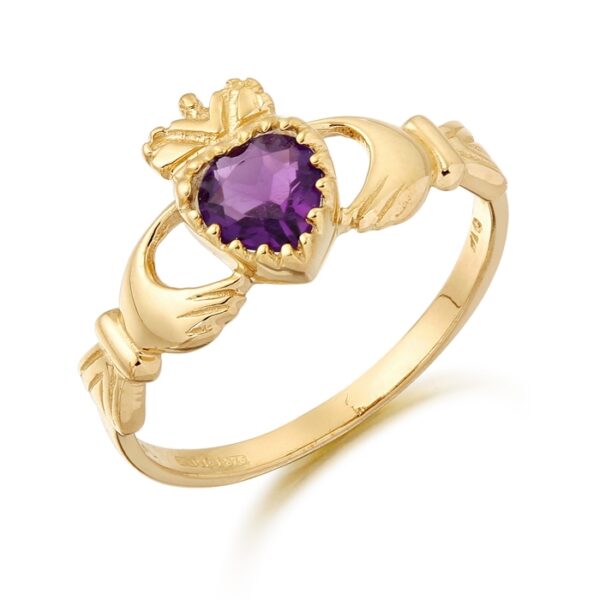 9ct Gold CZ Amethyst February Birthstone Claddagh Ring - D35A