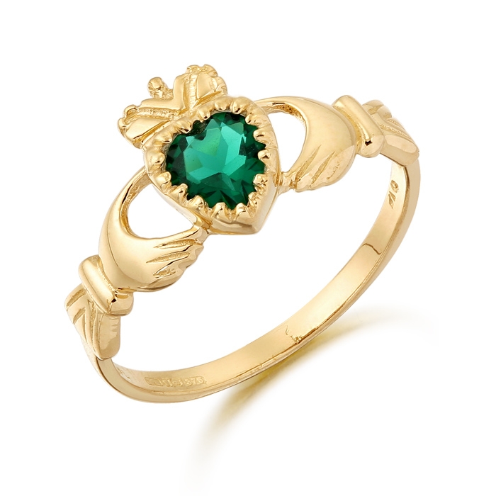 9ct Gold Ladies CZ Emerald Claddagh Ring - D35G