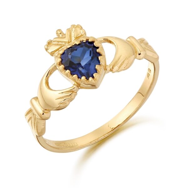 9ct Gold CZ Gemstone Sapphire Claddagh Ring - D35S