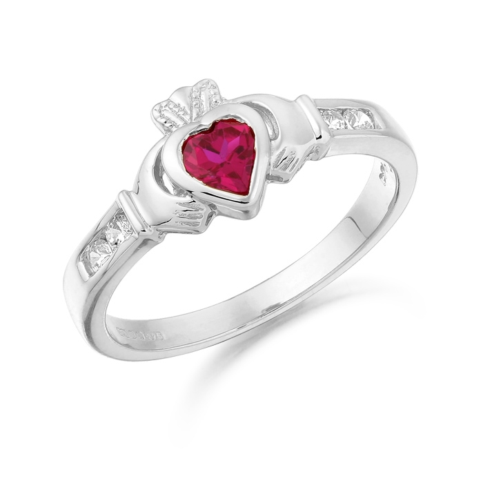 9ct White Gold Claddagh Ring embellished with CZ and Ruby Stone - CL100RW